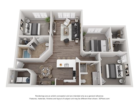 Floor plan for 3 beds, 2 baths, 1210 sqft